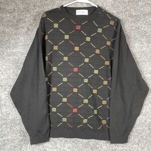 St Croix Sweater Mens Large Black Wool Blend Argyle Abstract Retro 90s Luxury